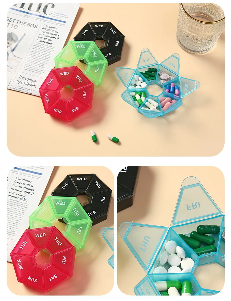 Tragbare Reise-Mini-Pillenetuis mit 7 Tagen und 7 Gittern, Organizer für Tabletten, Pillen, Aufbewahrungsbehälter für Medikamente, Vitamin, Fischöle – Detail 14