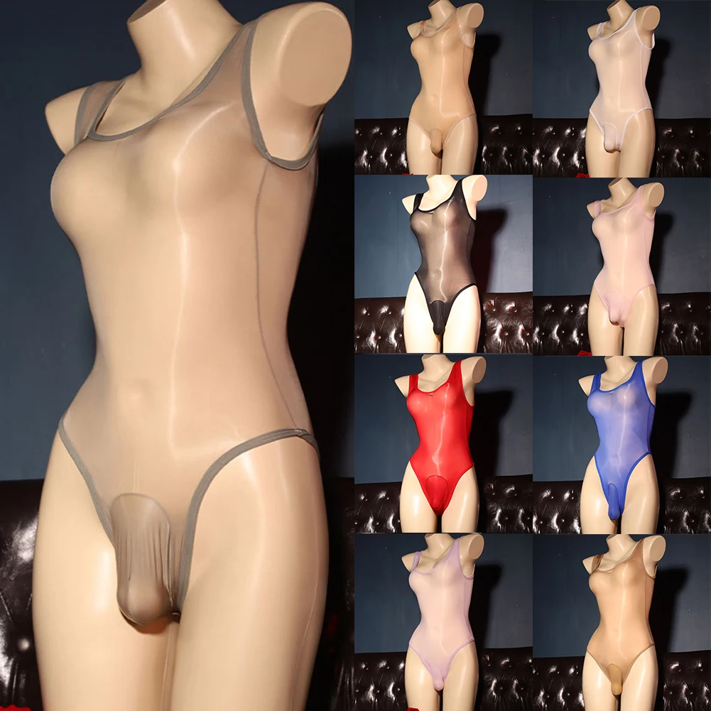 

Sexy Men Tight Bodysuit Glossy Leotard Swimsuit Sleeveless Fitness -Singlet Jumpsuit Transparent Underwear Gay Lingerie