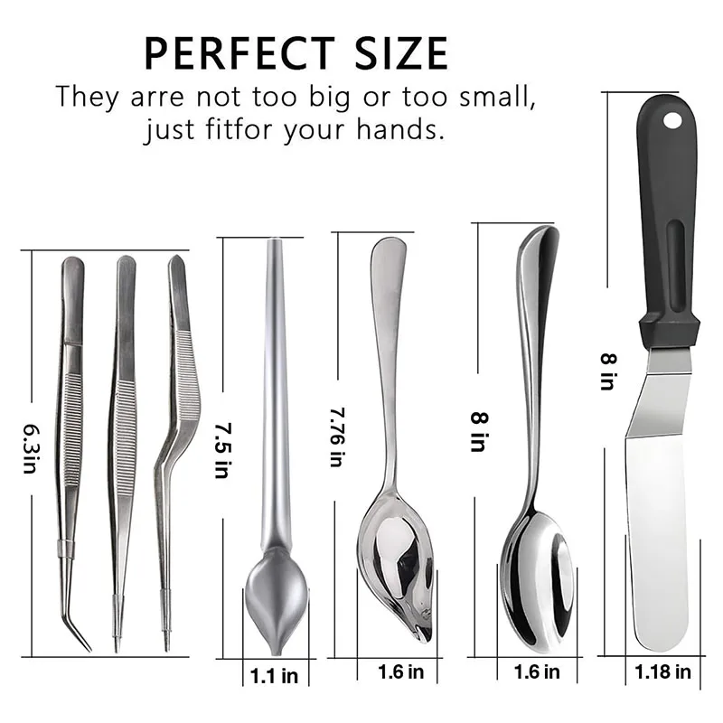 7Pcs Stainless Steel Kitchen Cooking Tweezers Precision Tongs Drawing Spoons Spatula for Food Culinary Plating Decorating