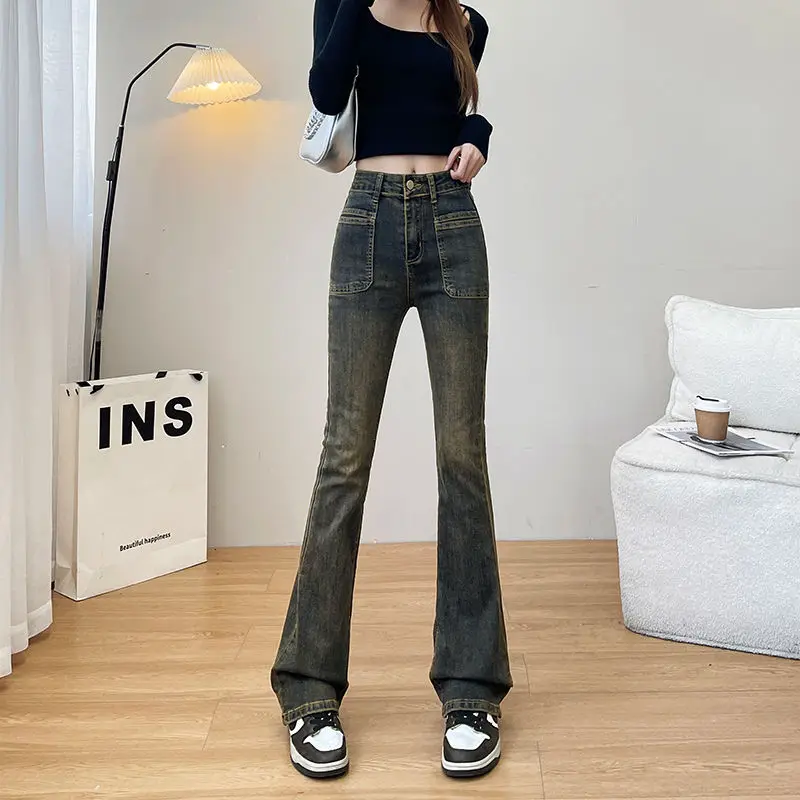 

Vintage Distressed Low Waist Slimming Jeans American Style Bell Bottom Pants for Women Fashionable Slimming Trousers XK162