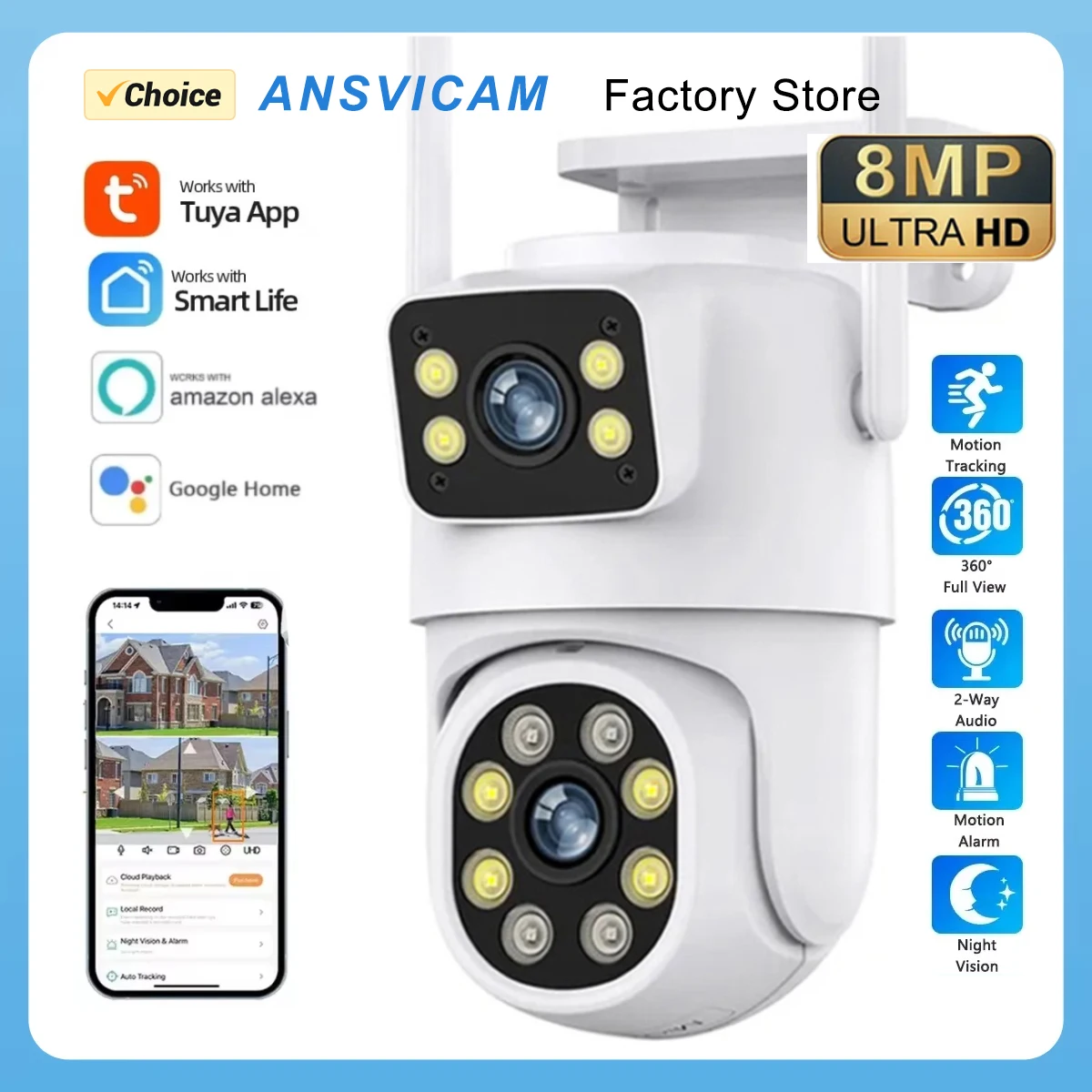 8MP 4K Dual Lens PTZ WIFI Camera Outdoor Full HD Dual Screen Security Video Surveillance AI Human Auto Tracking Tuya Camera