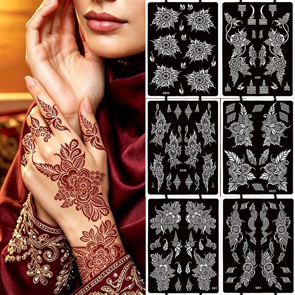 1 Sheet Henna Stencils for Women Flower Tattoo Template for Hand Foot Painting Henna Tattoo Stencil Mehndi Body Painting Tools
