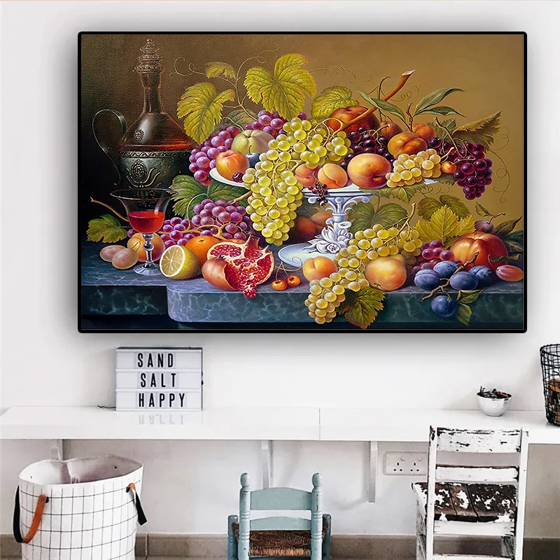 Nordic Vegetables and Fruits in Basket Poster Colorful Food Wall Art Canvas Painting For Dining Room Kitchen Decoration Cuadros