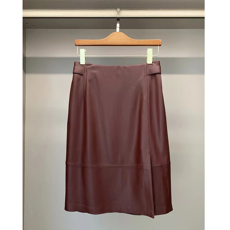 Burgundy Genuine Leather Skirt Women Spring Autumn Italy Fashion Simple Lambskin Side Split Back Zipper A-Line Midi Jupe Femme