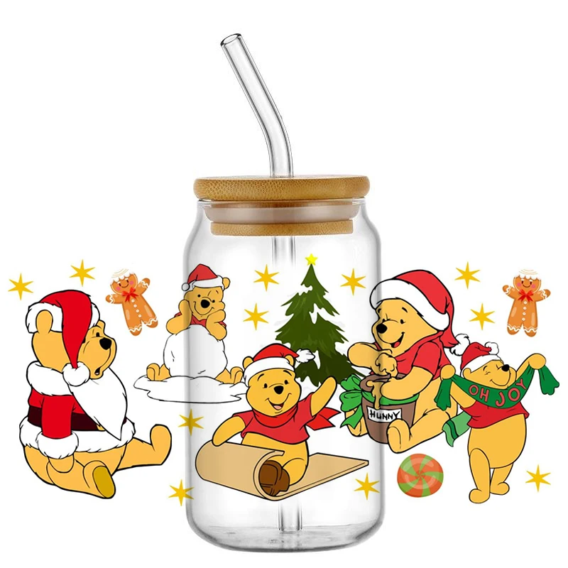 Christmas Winnie the Pooh 16oz DTF Sticker Cups Christmas Gifts UV Wrap Transfer Sticker Custom Labels DIY Logo Selfadhesive