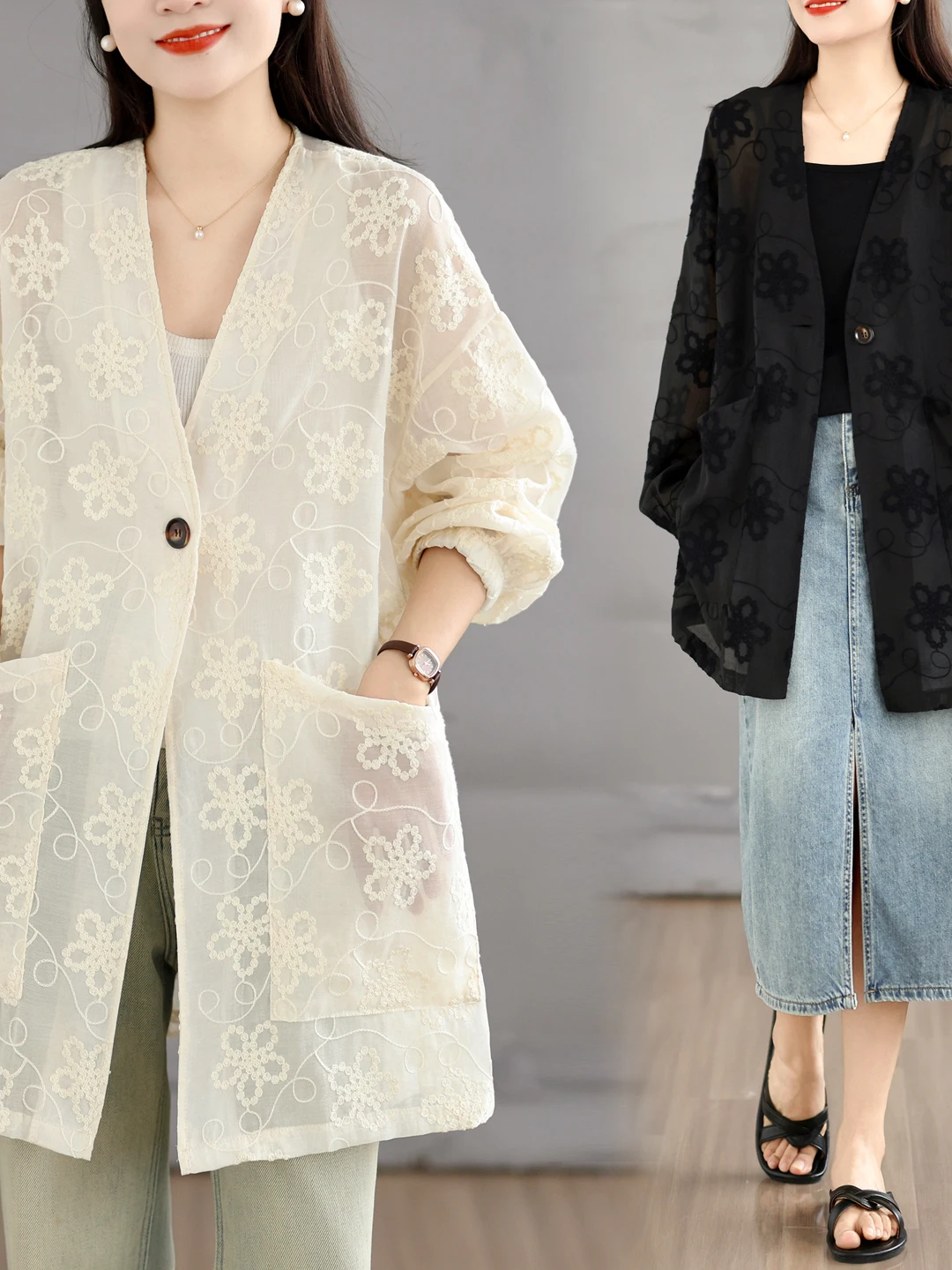 Linen Women's Summer Loose Thin Breathable Jacket V-neck Elegant Loose plus Size Casual Suiting Artistic Style Long Sleeve