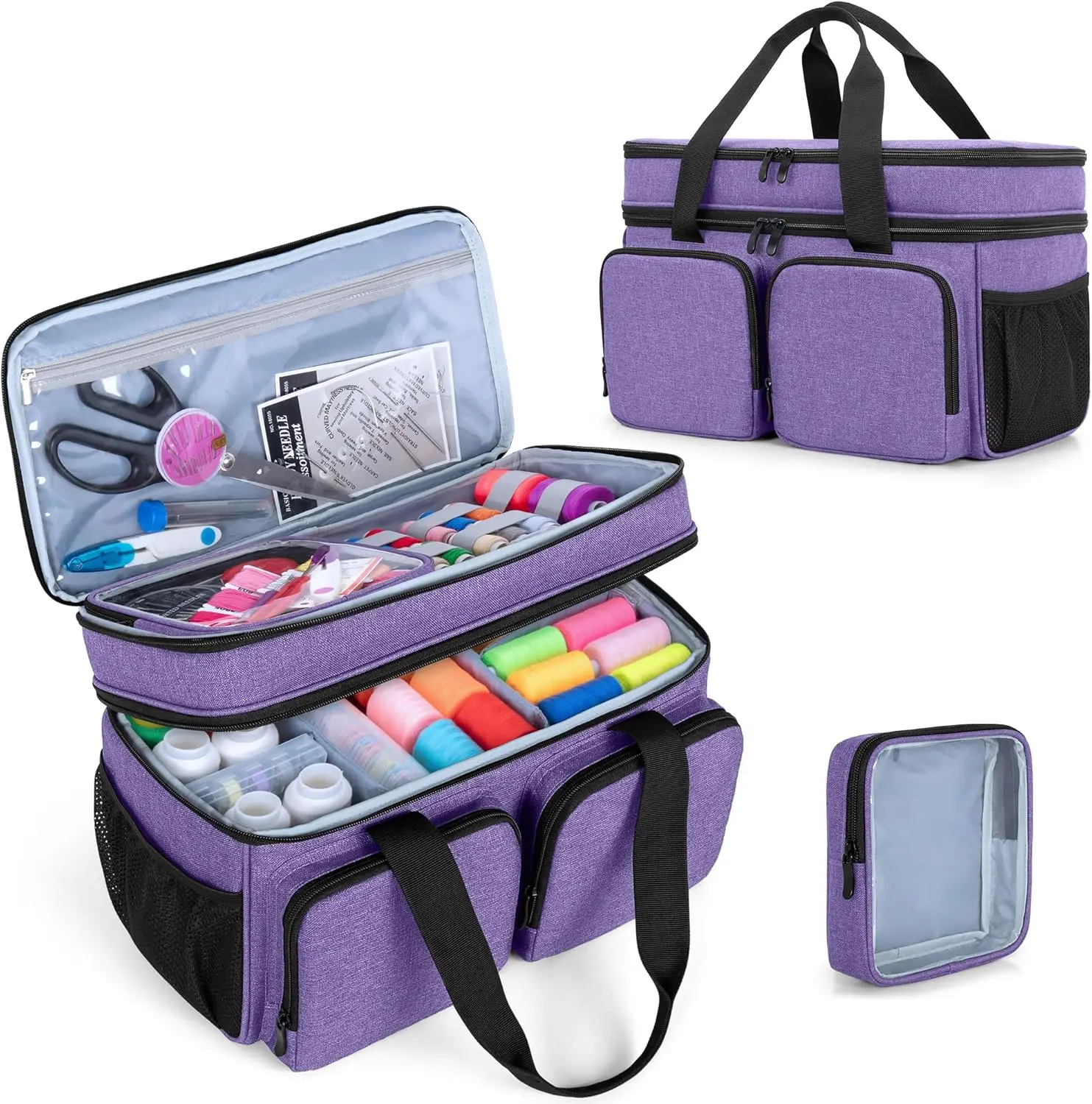 

Large Sewing Organizer Bag with Individual Pouch, Detachable Dividers, 2 Layers for Supplies in Purple