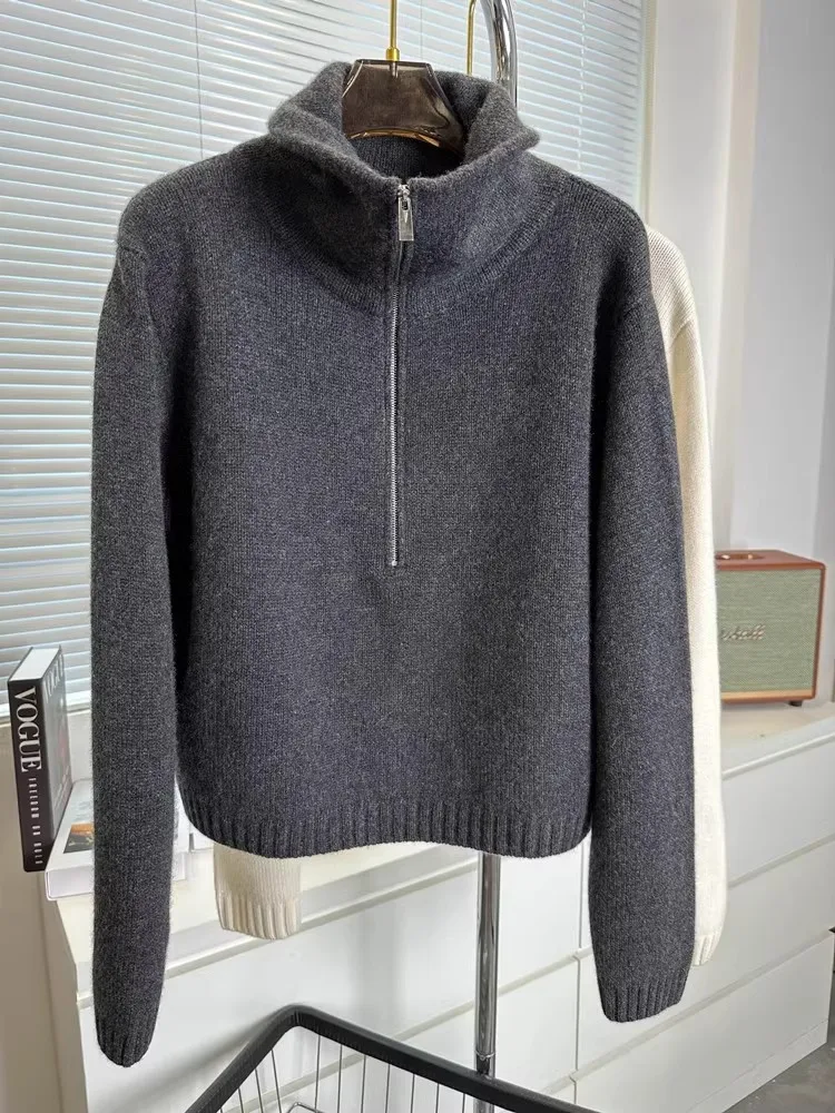 European goods thick lazy high-necked cashmere sweater women\'s half zipper lapel loose pullover sweater knitted bottoming sweate