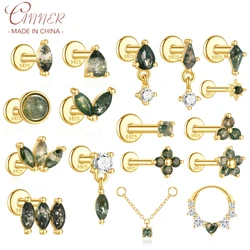 CANNER 1Pc 925 Silver Simple Horse Eye Natural Water Grass Round Surface Stud Earrings For Women 18K Gold Green Moss Ins Jewelry