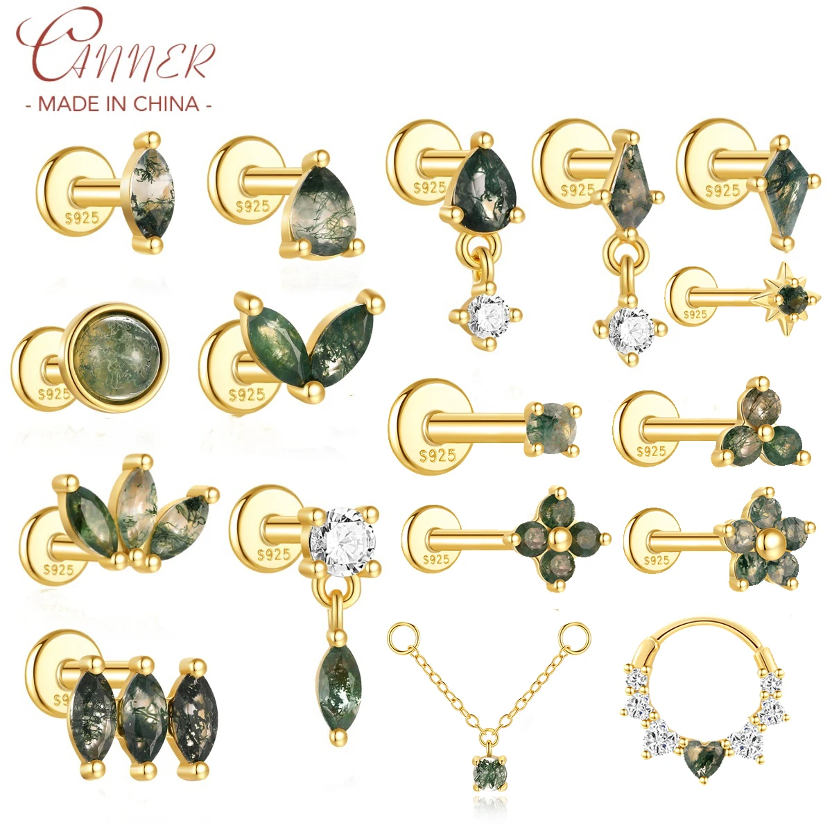 CANNER 1Pc 925 Silver Simple Horse Eye Natural Water Grass Round Surface Stud Earrings For Women 18K Gold Green Moss Ins Jewelry