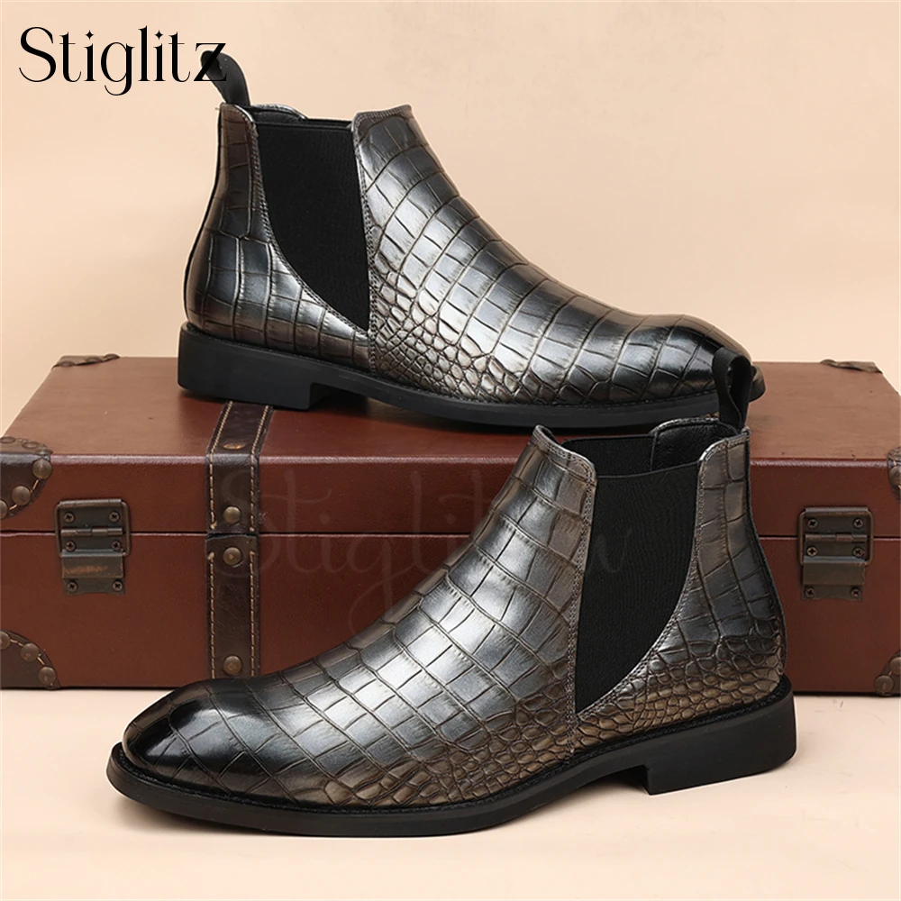 Faux Crocodile Leather Booties for Men Elastic Slip-On British Style Ankle Boots Fashionable Polished Leather Boots Multi-color