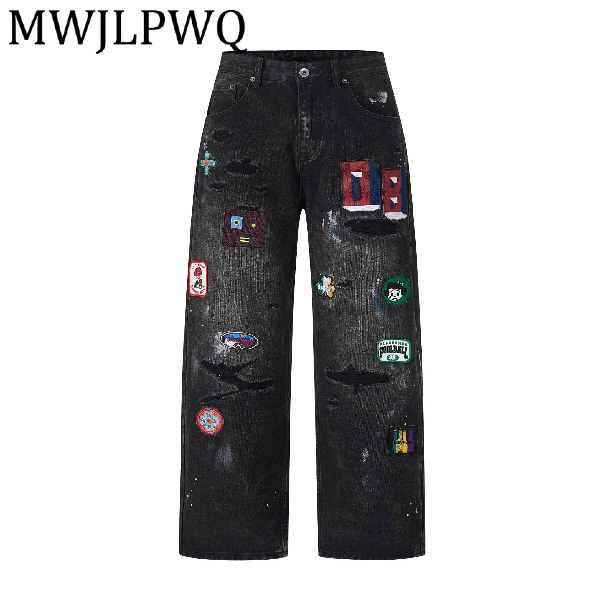 

MWJLPWQ Шикарные потертые джинсы с несколькими накладками и вышивкой для мужчин, уличные свободные прямые широкие брюки, новинка 2025, модные 12299