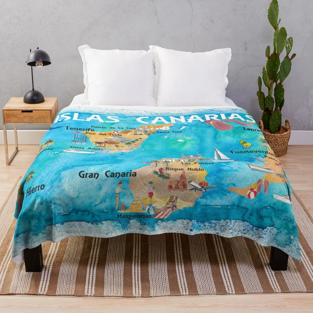 Canary Islands Illustrated Travel Map with Tenerife, Gran Canary, Lanzarote, Fuerteventura La Palma Gomera and Hie Throw Blanket