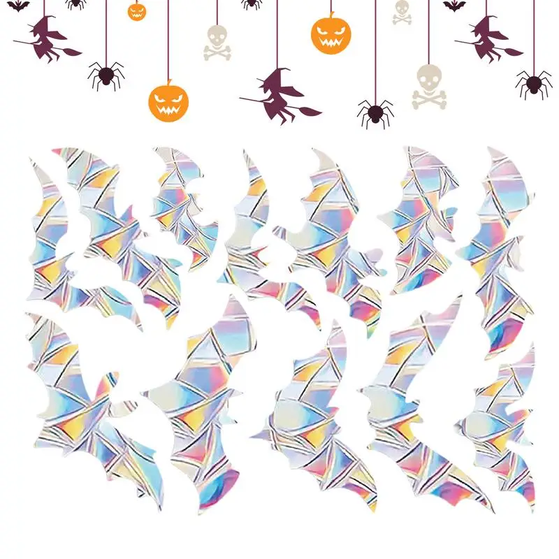 12pcs Prismatic Bat Window Clings Rainbow Halloween Bat Stickers Reusable irregularly shaped Window stickers for home decor