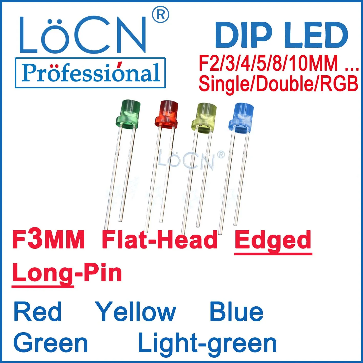 

LoCN 1000pcs LED Diodes 3MM F3 Flat Head Top With Edged Red Blue Green Yellow Light Green Long Pins Show Colors Super Bright