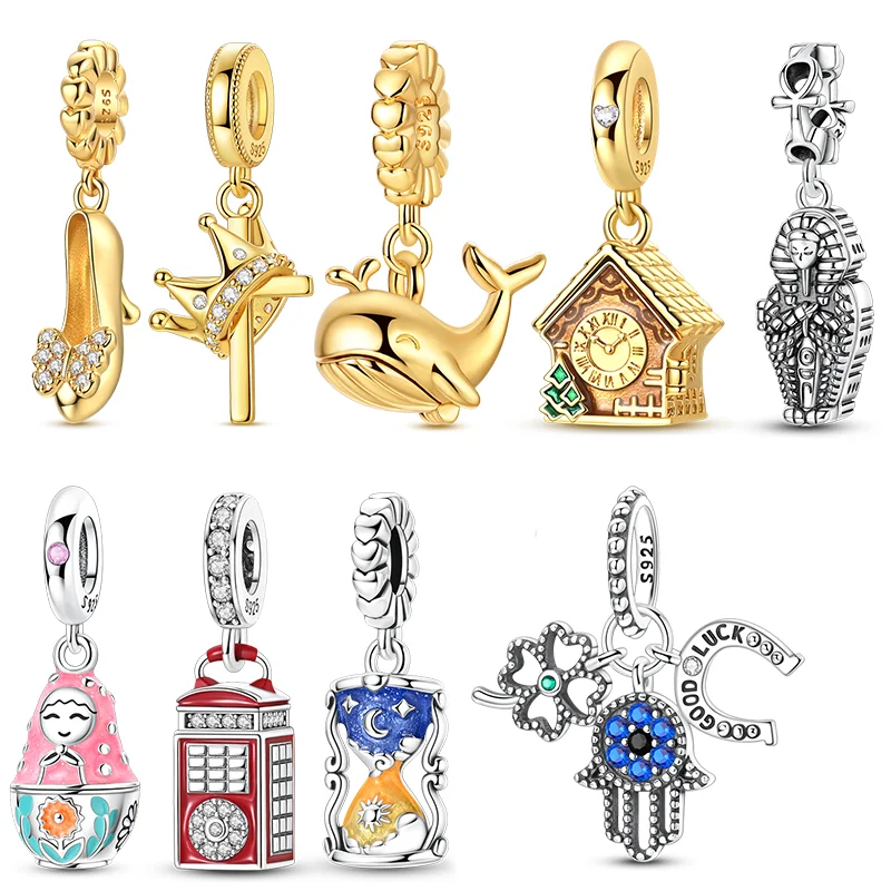 925 Silver Charms Beads Golden Cross Crown Whale Cuckoo Clock Pendant Fit Original Bracelet Necklace Women Jewelry DIY Gifts