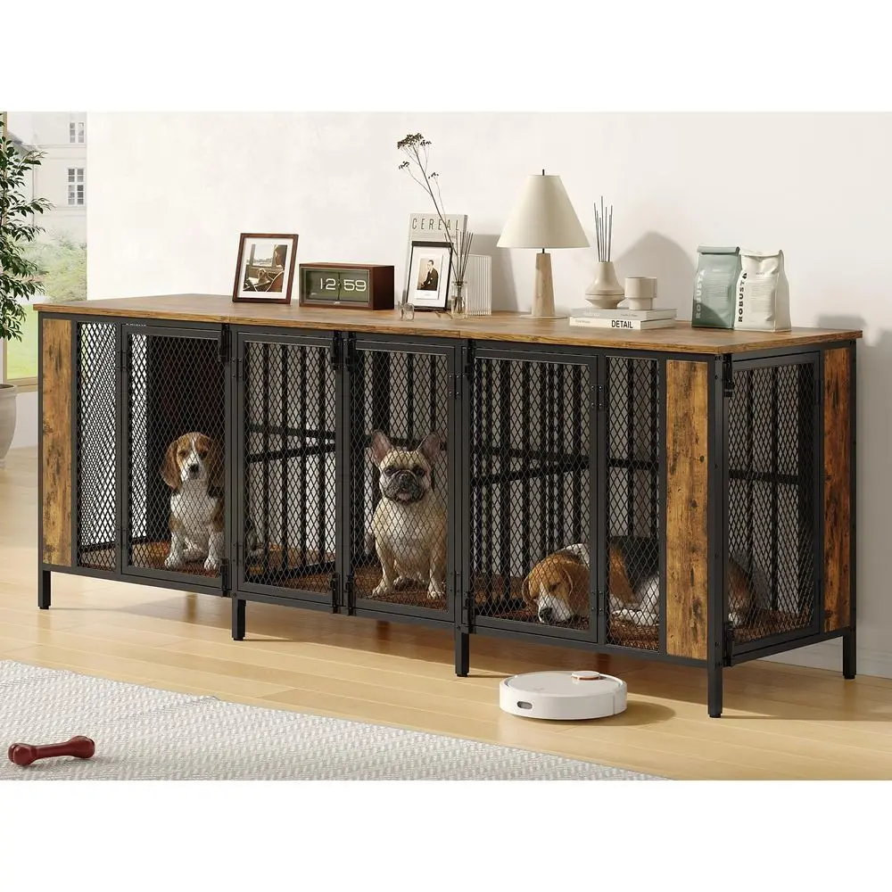 

87 Heavy Duty Dog Crate Furniture, Indoor Dog Kennel TV Stand with 3 Room and 6 Lockable Door, Pet Crate Table with 2 Removable