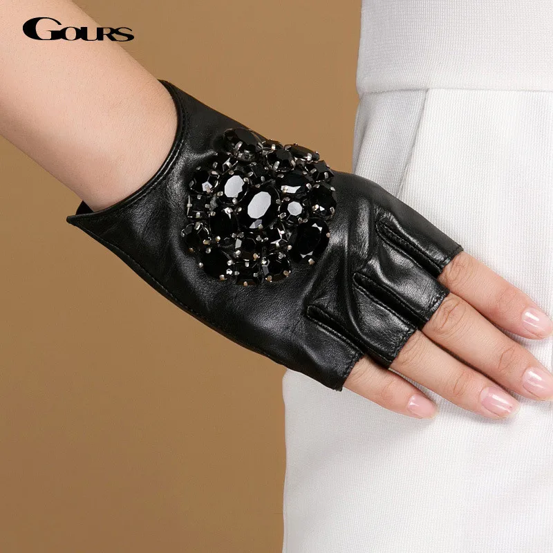 Gours Winter Genuine Leather Gloves Women Fashion Brand Black Stone Driving Fingerless Gloves Ladies Goatskin Mittens GSL040