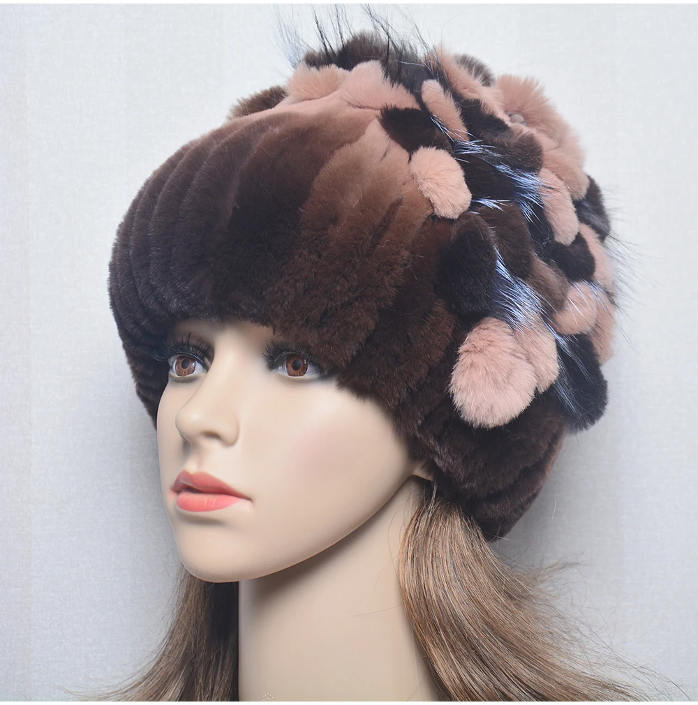 New Luxury Women Fur Hat For Winter Handmade Natural Rex Rabbit Fox Fur Cap Russian Female Fur Headgear Brand Warm Beanies Cap