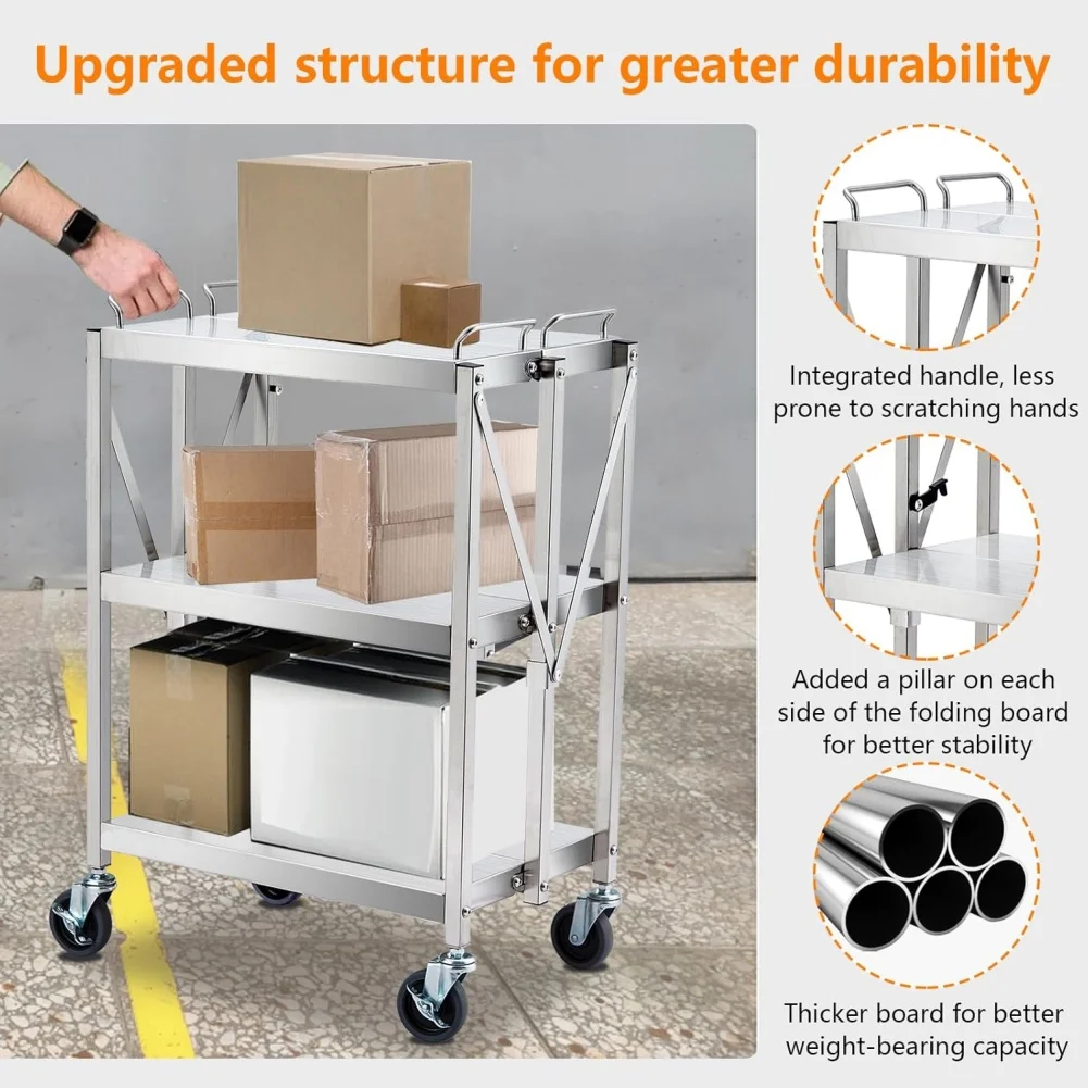 3-Tier Folding Utility Cart,Stainless Steel Kitchen Cart, 300 LB Capacity Storage Tool Tiers, Small Metal Push Cart