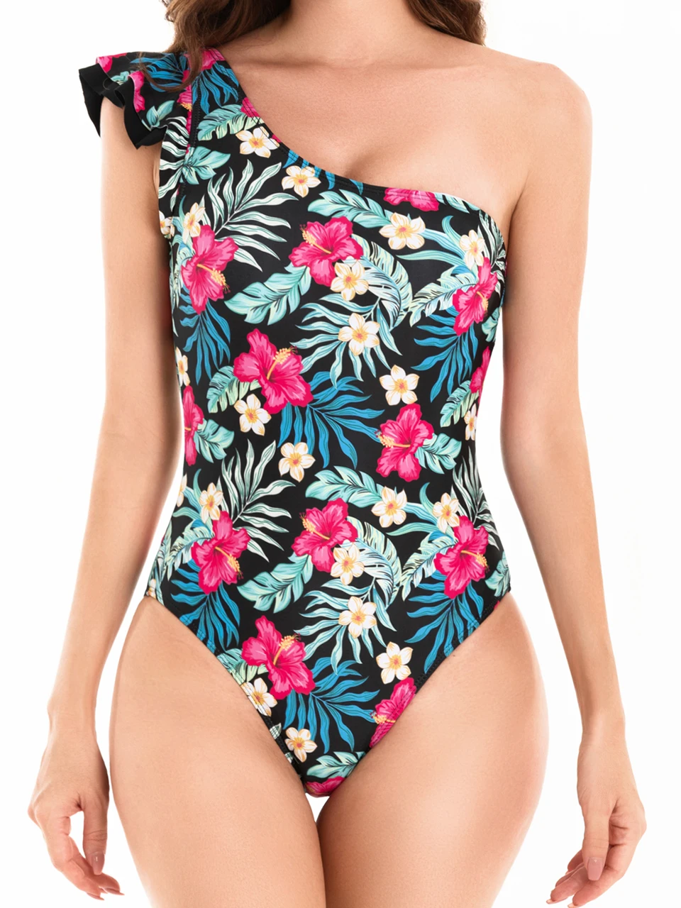 2024 Printed Swimsuit One Shoulder Ruffle Trim Swimwear Women Sexy Bathers Bathing Swimming Bodysuit Female Beachwear Monokini