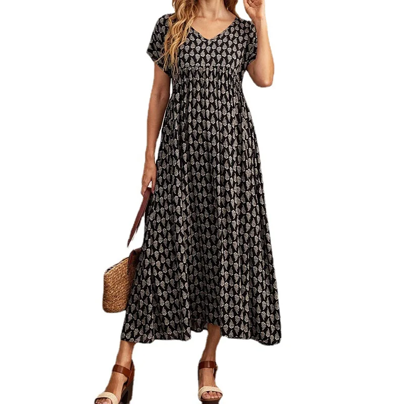 

2023 Summer Dresses for Women Short Sleeve V Neck Maxi Dress with Pocket Casual Long Print Dress Women Clothing