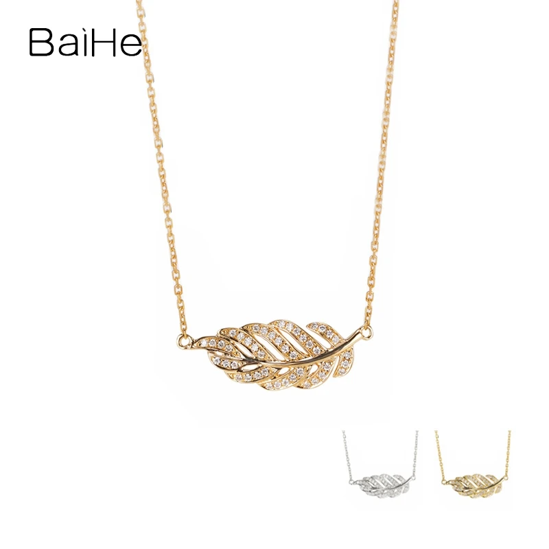 

BAIHE Solid 18K Yellow Gold 0.12ct H/SI Natural Diamond Feather Necklace Women Wedding Trendy Fine Jewelry フェザーネックレス قلادة الريش