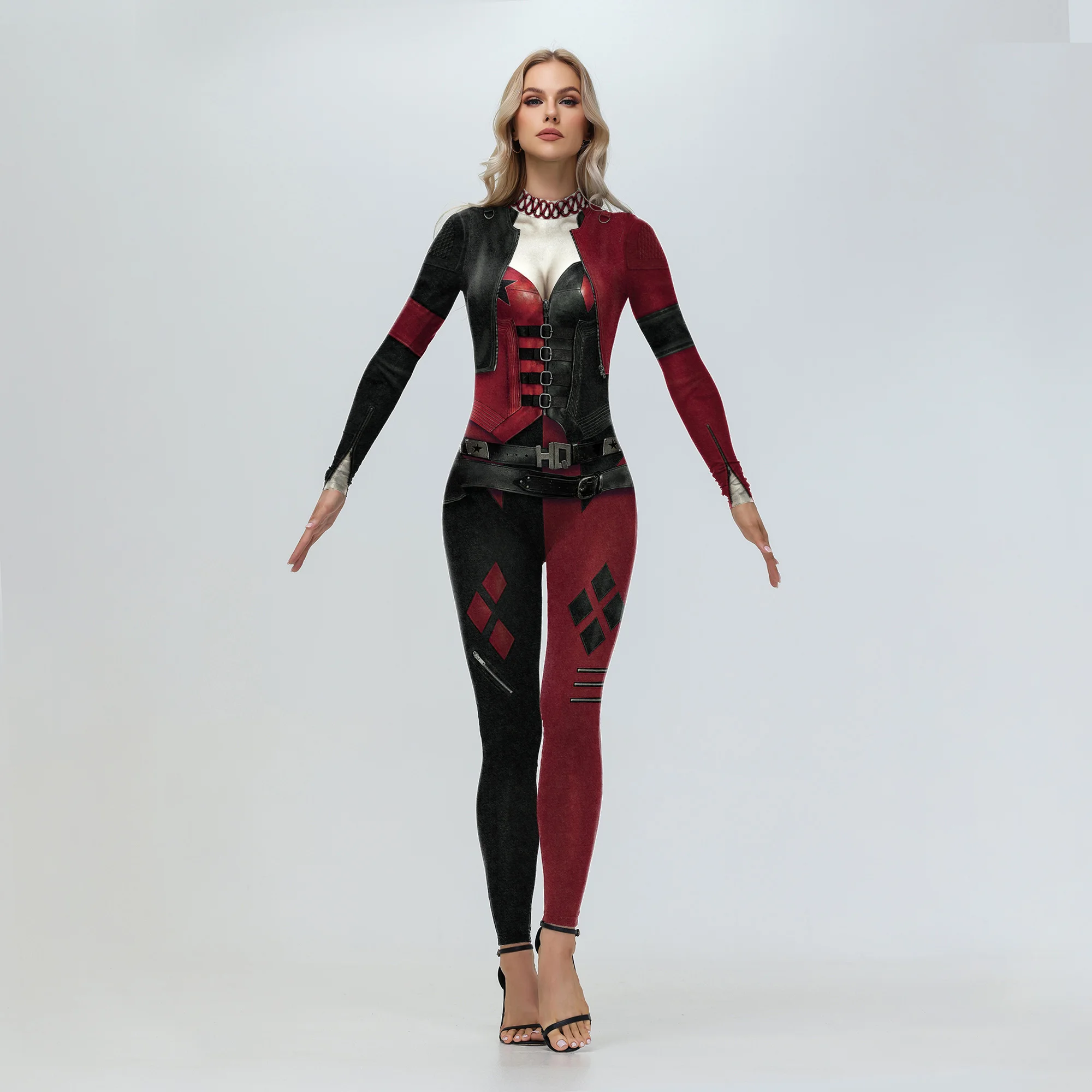 

Zawaland Clown Harley Cosplay Costume Women Movie Quinn Bodysuit 3D Printed Jumpsuits Halloween Carnival Party Zentai Bodysuit
