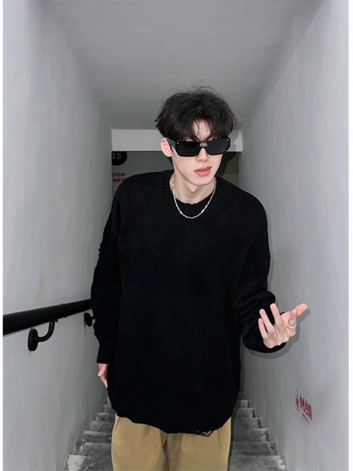 

Bla Lazy Men's Knitted Sweater Winter Autumn Hole Design Early Autumn Knitted Coat Loose Fit oulder Sve round Ne Pur...