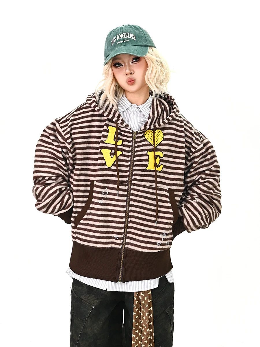 

Fun Letter Striped Hoodie Cardigan Women's Loose Bf College Sle Jaet Spring 2026 New Arrival Comfortable Streetwear