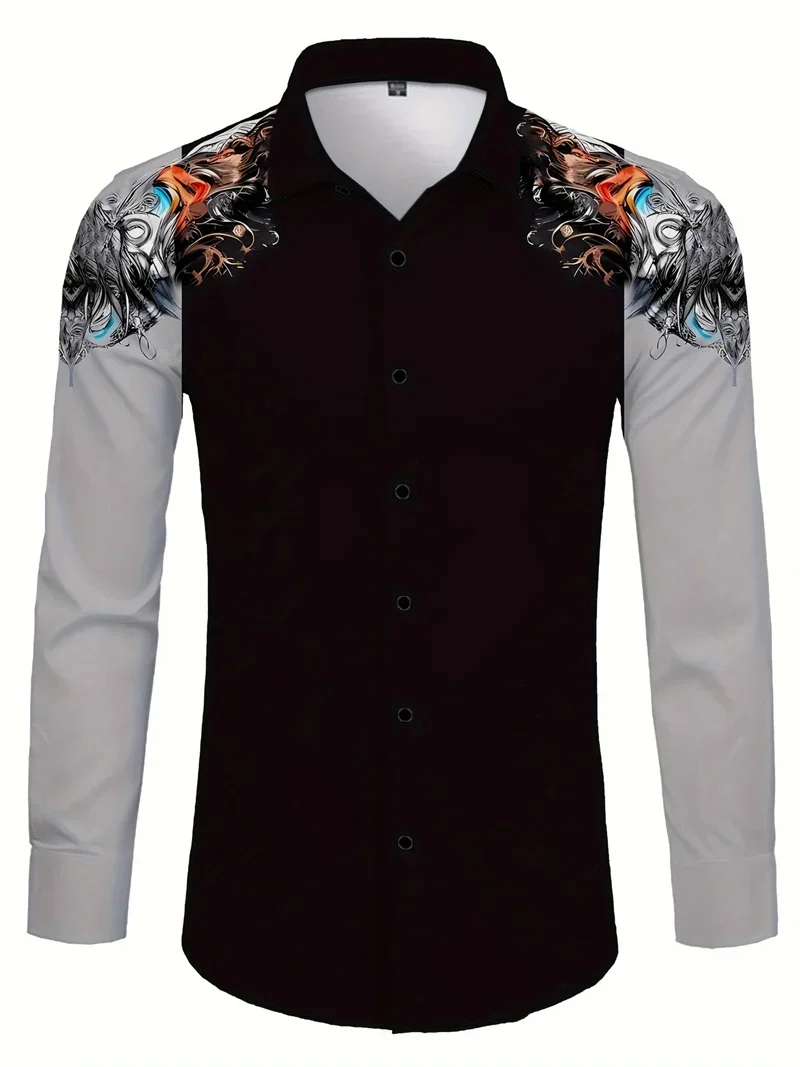 Men's Long-sleeved Lapel Buttons Natural Texture 3D Printing Slim Fit Regular Style Simple Business Casual Shirt Men Outdoor