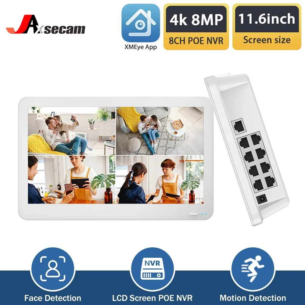 8ch 4K Poe Nvr Xmeye Face Detetcion 11.6 "Lcd-Scherm Cctv Netwerk Surveillance Video Recorder Voor 8mp Poe Ip Security Camera 4ch