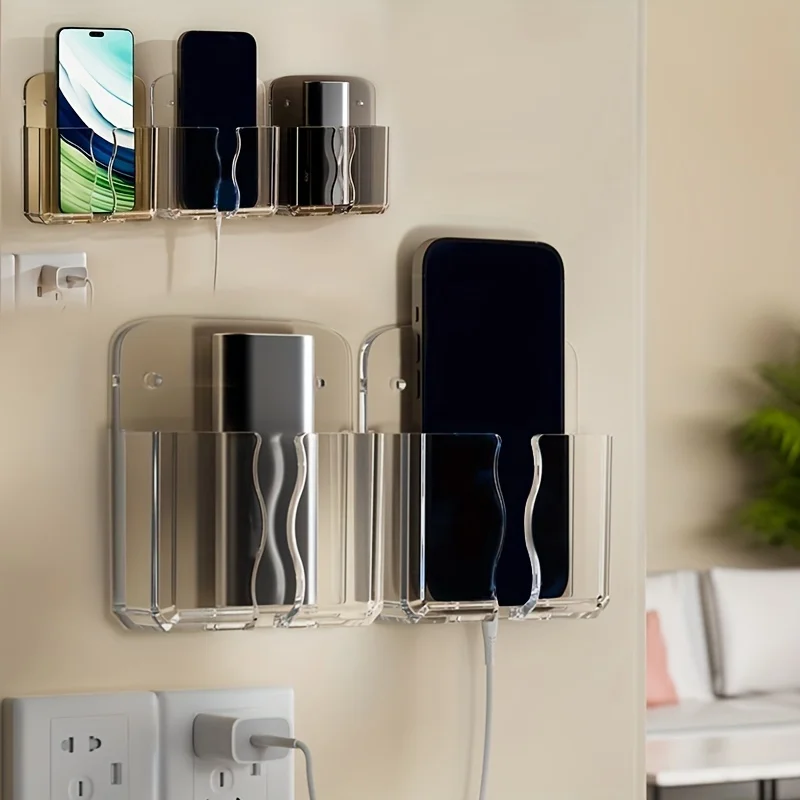 Suporte de parede transparente para carregamento de celular, com adesivo, base de armazenamento para controle remoto