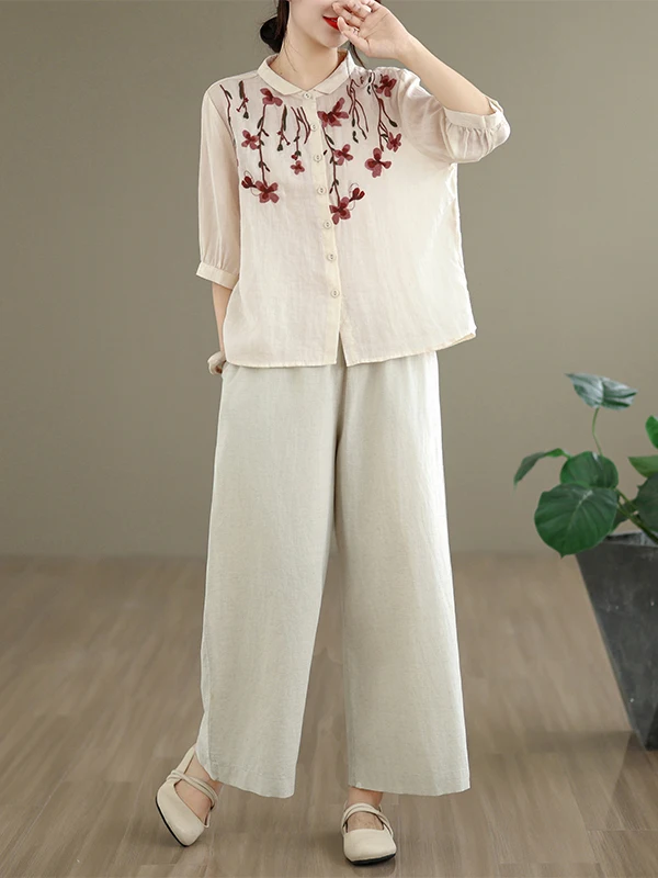 

Fashionable Cotton Linen Embroidered Shirt And High Waist Wide Leg Pants Two Piece Set for Women Summer 2026 Commute Style