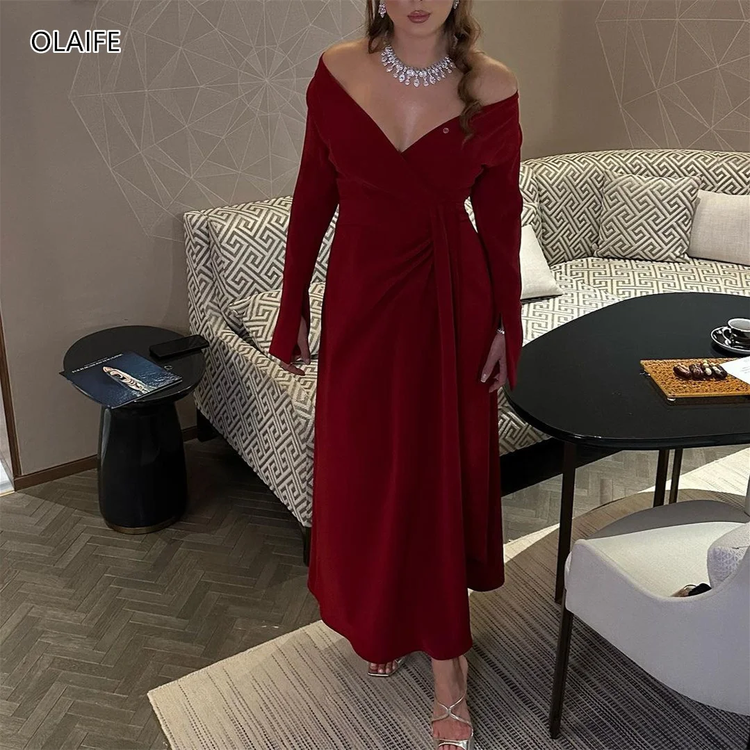 

Burgundy Evening Dresses Off Shoulder Sexy V Neck Long Sleeve Formal Party Dress vestido de gala noche mujer robes de soirée