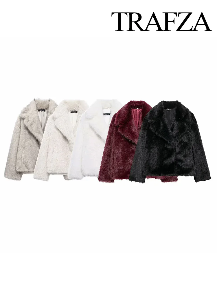 TRAFZA Winter Women Elegant Solid 3-Color Faux Fur Effect Long Sleeve Cardigan Coat Female Casual High Street Pockets Coat Mujer