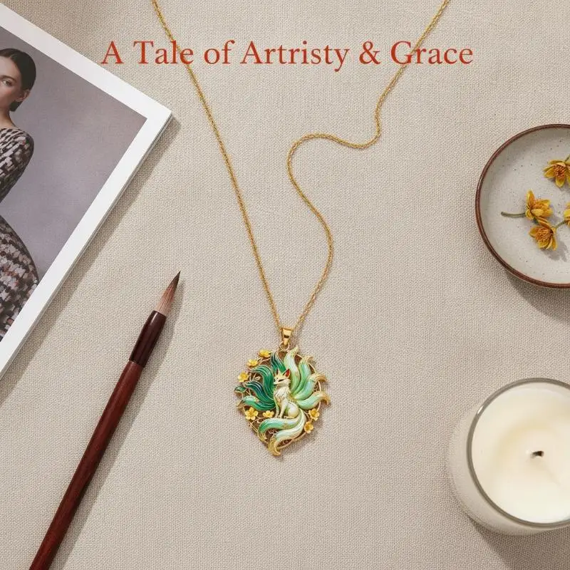 [New] Chinese Nine-tailed Fox Enamel Pendant Necklace Creative Mythology Design Fashion Jewelry For Women Thanksgiving Gift