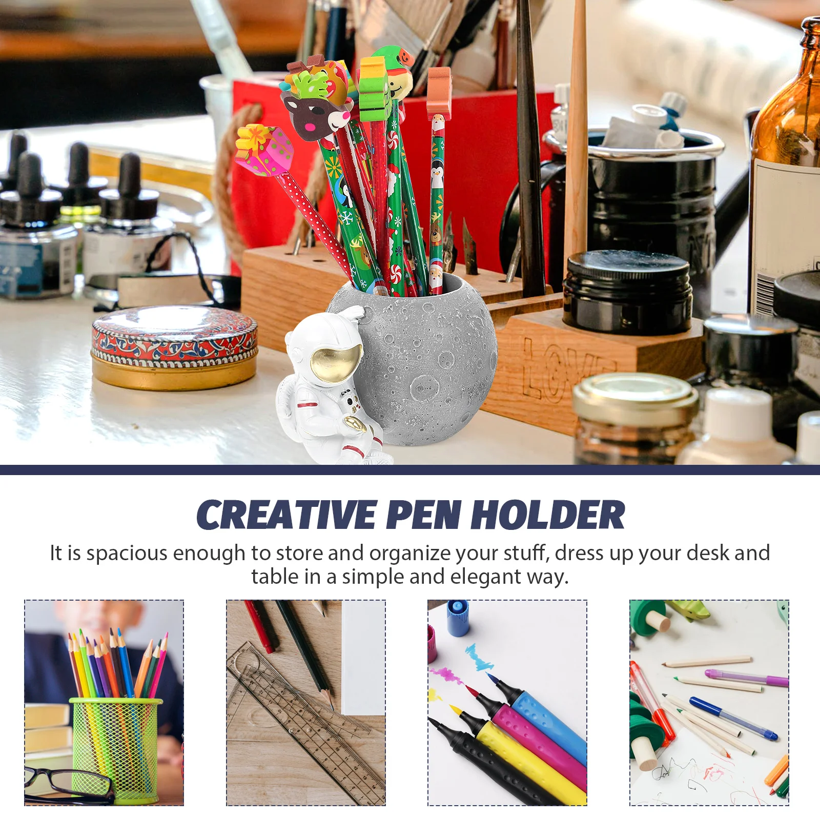 

Astronaut Pen Holder Pencil Cup Gray Moon Design Resin Material Desk Organizer Stationery Pot Creative Craft Gift Idea