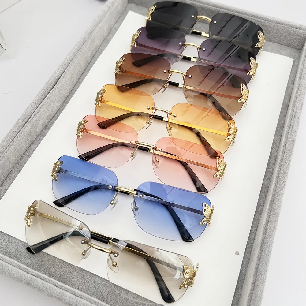 New Y2K Rimless Butterfly Square Sunglasses Women For Men Vintage Sun Glasses Luxury Brand Designer Steampunk Pink Shades UV400