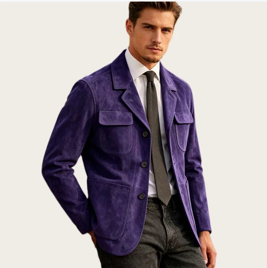 Men's Suit Corduroy Safari Jacket Slim Fit Tuxedo Fashion Multi-Pocket Notched Lapel Retro Casual Hunting Blazer for Business
