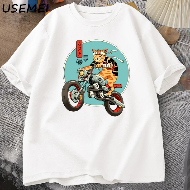 

Футболка с изображением кота и мотоцикла, повседневная хлопковая футболка с коротким рукавом для мужчин, винтажные футболки с рисунком в японском стиле, мужская одежда, уличная одежда