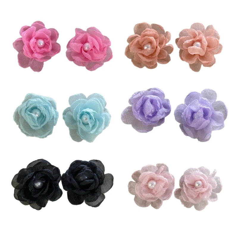 A0KD 2Pcs Elegant Mesh Pearl Flower Shoe Clips Stylish Florals Shaped Shoe Buckles Fashion Accessory for Women's Footwear