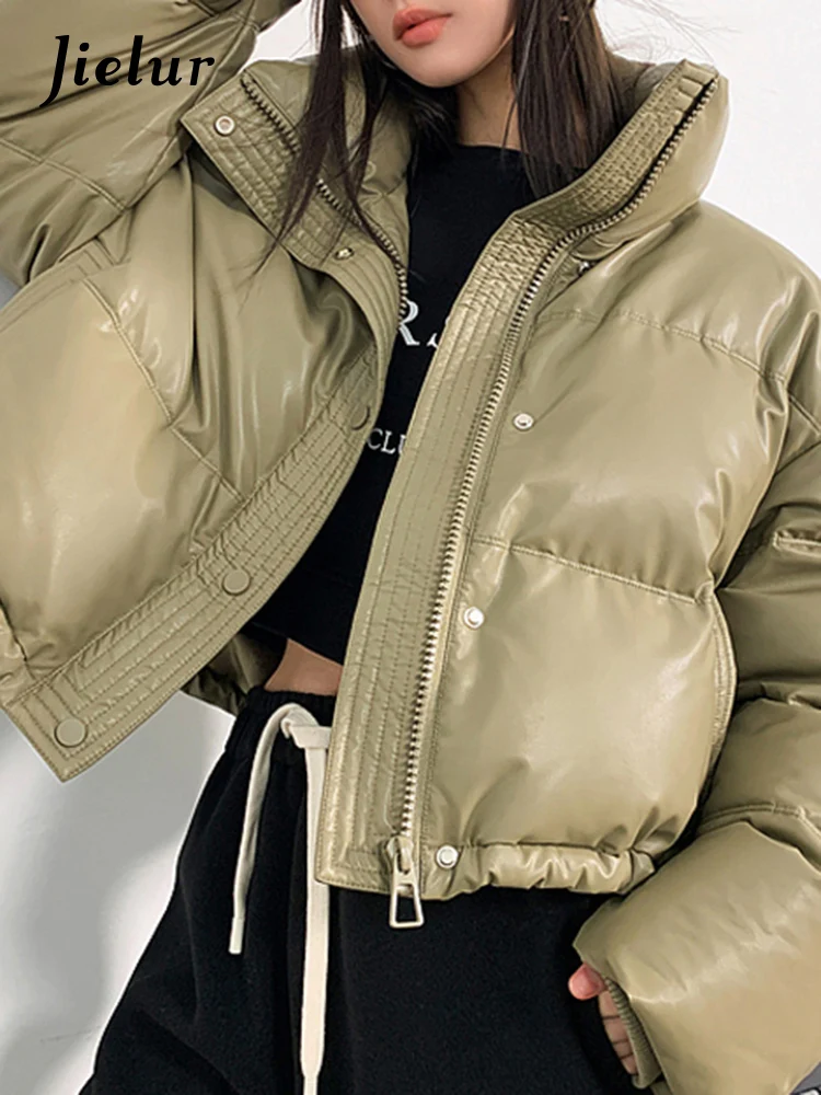 Jielur Pu Slim Thick Green Women Parkas Winter Stand Neck Chic Zipper Single Breasted Fashion Female Streetwear Solid Color Coat