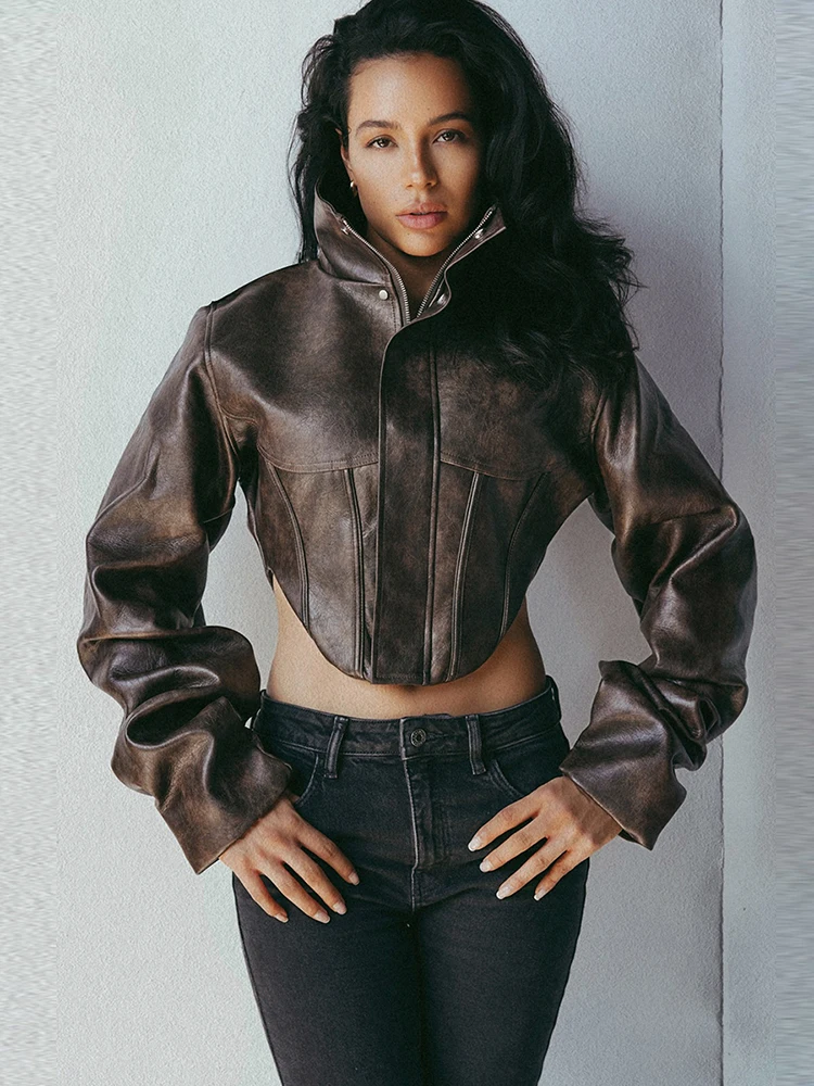 Nibber Hottie Crop Jacket Women Turtleneck Pu Irregular Zip Button Full Sleeve Wild Sexy Street Midnight Autumn Hipster Coat