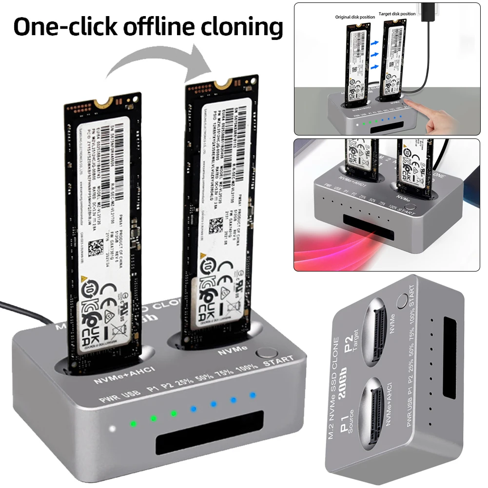 Dual-Bay M.2 Clone Docking Station Gen2X 20Gbps M.2 SSD Enclosure USB3.2 Type C External Hard Disk Box for M2 SSD M Key SSD