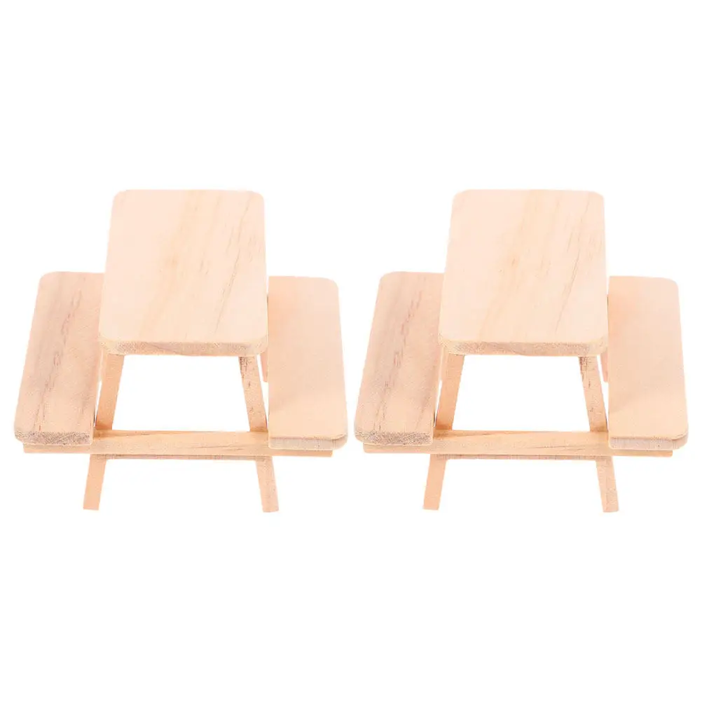 

2Pcs Wood Dollhouse Mini Table Chair Set Realistic Miniature Furniture Wooden Picnic Table Indoor Decor Mini House Accessories
