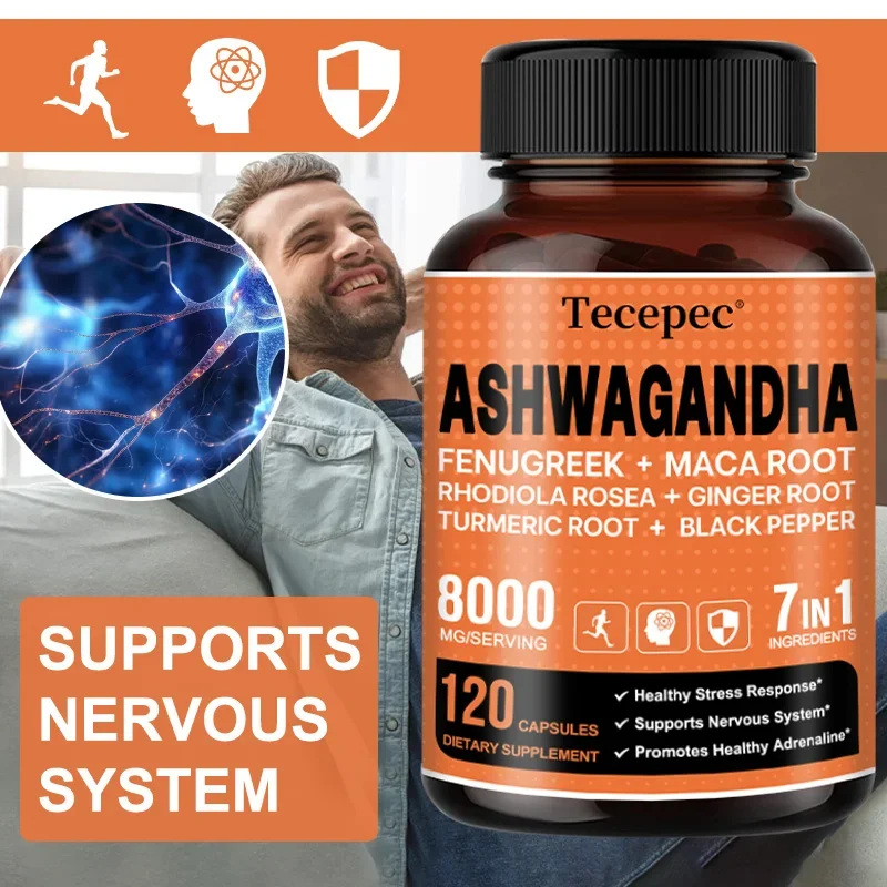 7-in-1 Ashwagandha 8000Mg - Turmeric, Rhodiola, Ginger & Black Pepper - Mood, Strength, Mind & Energy Support Supplement