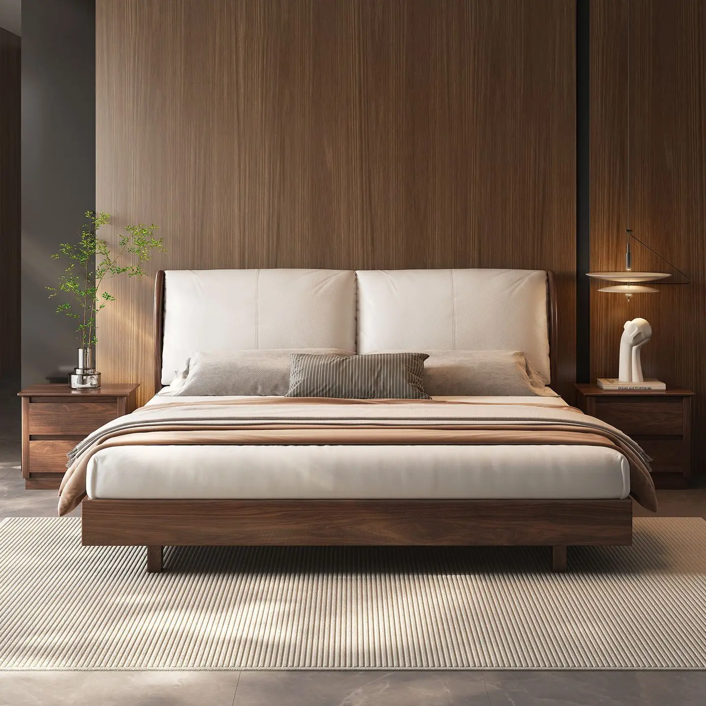 Solid black walnut wood soft-wrapped genuine leather, 2-meter master bed