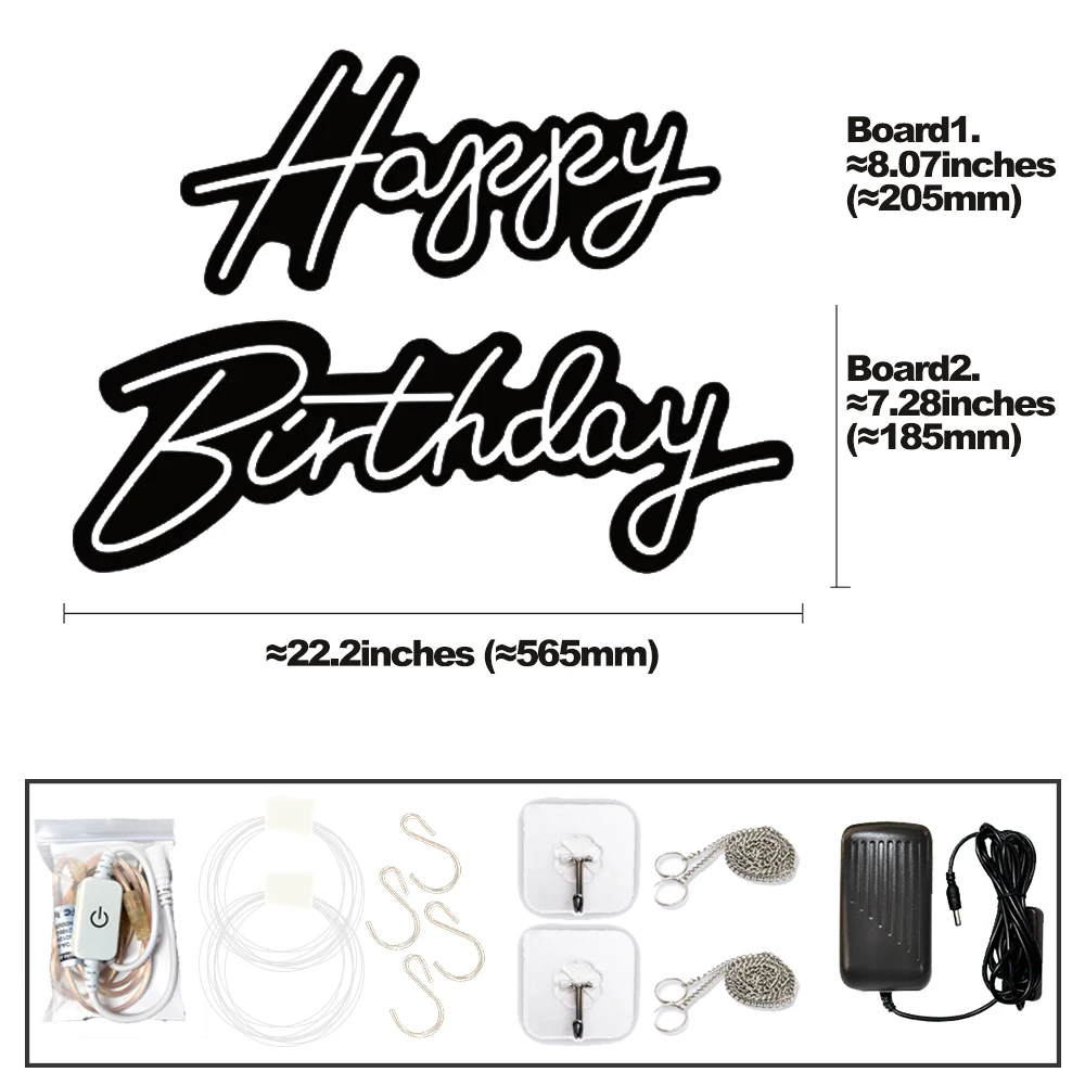 Dimmable LED 'Happy Birthday' Neon Sign in Multiple Sizes 42cm/51cm/76cm with Clear Acrylic Backer - Wall Party Light for Celebr