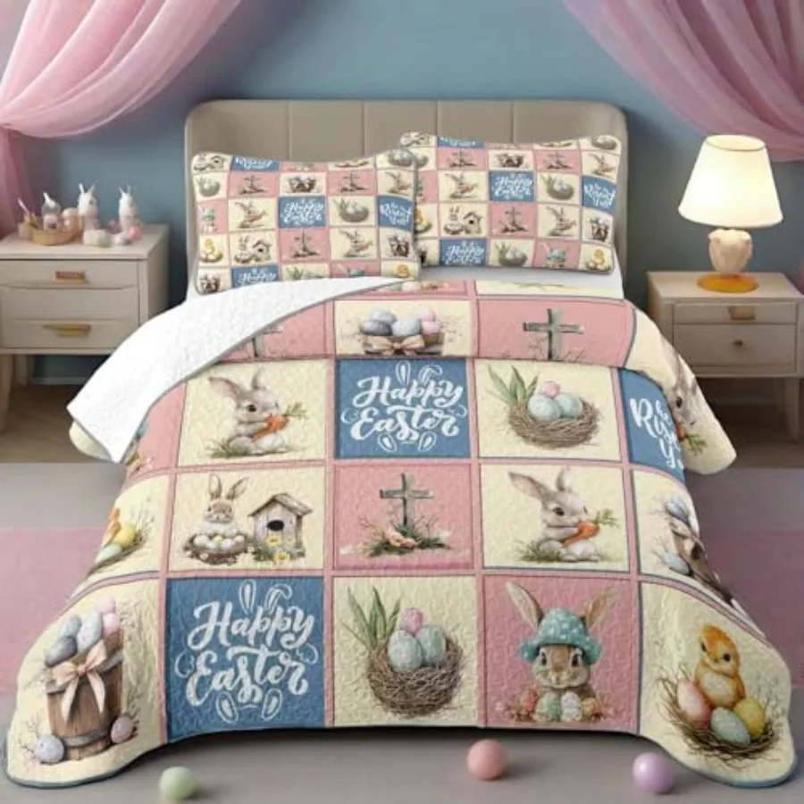 

Happy Patchwork Quilt Set 3 Pcs Bunny Rabbit Eggs Checkered Bedspread Comforter Soft Lightweight Bedding Set Birthday Gift for